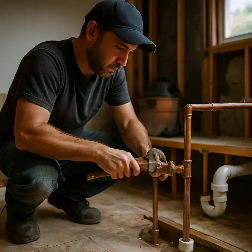 Plumber installing valve on copper pipe during bathroom plumbing remodel in Sunnyvale