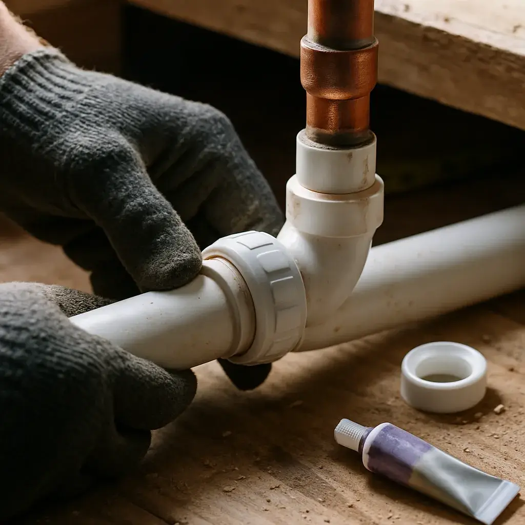 bathroom-remodel-drain-line-connection-detail-sunnyvale Close-up of plumber connecting drain line pipes in Sunnyvale bathroom remodel