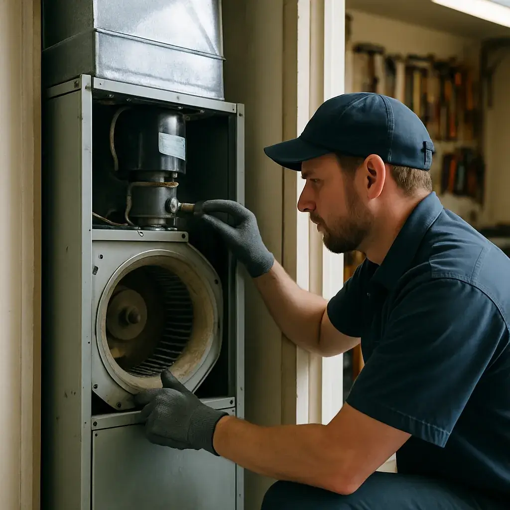 Technician repairing blower motor inside HVAC air handler in Sunnyvale garage