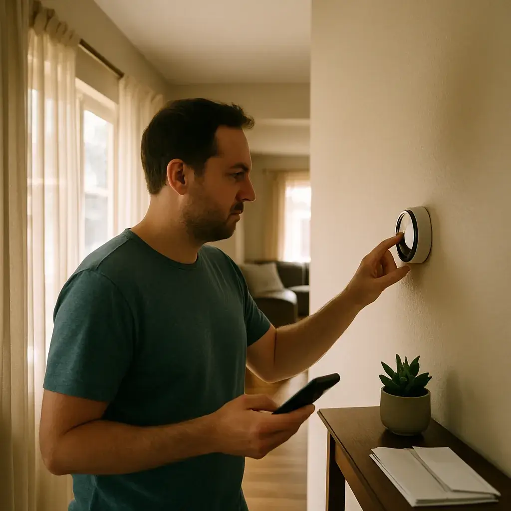 homeowner-checking-airflow-thermostat-sunnyvale Homeowner checking thermostat after blower motor repair service in Sunnyvale