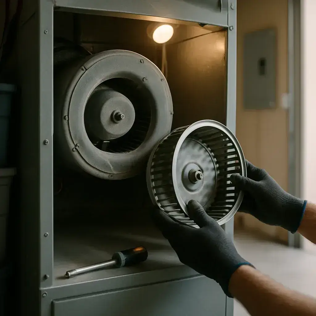 Technician removing furnace blower motor during replacement service in Sunnyvale home