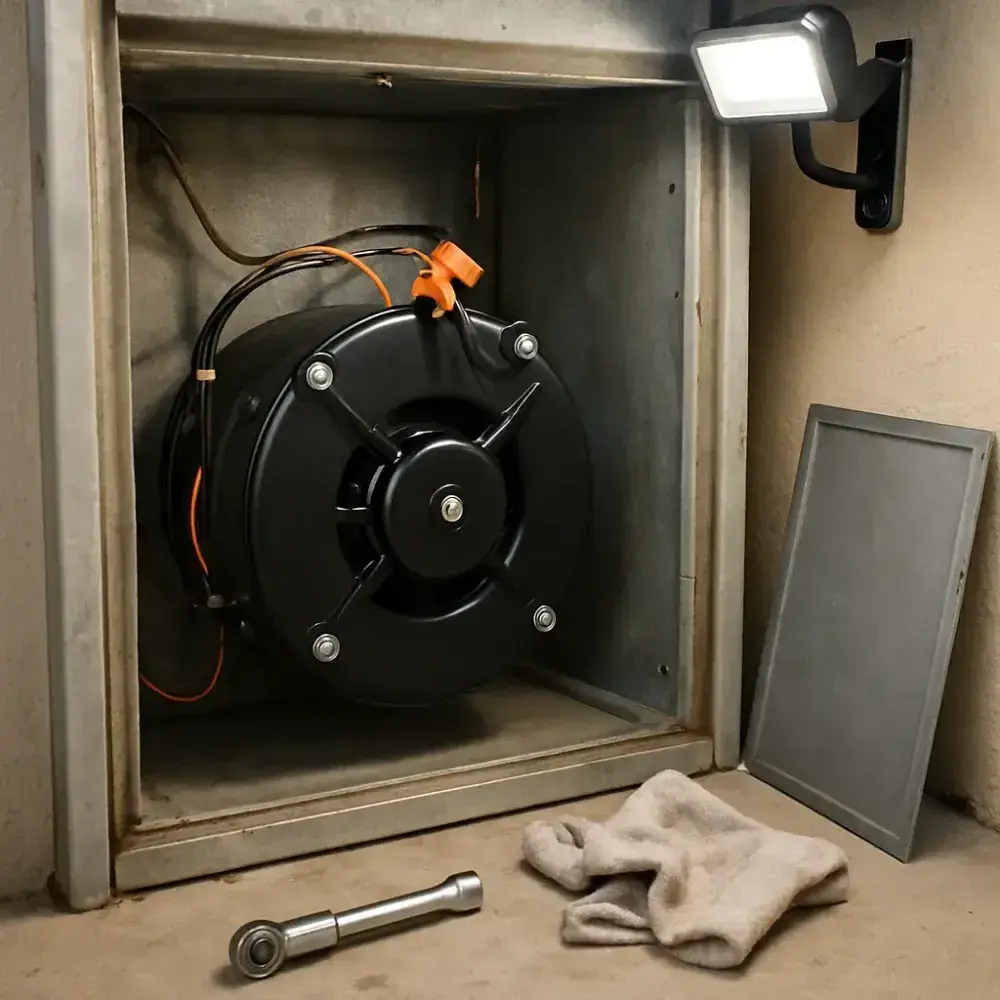 blower-motor-replacement-completed-install-sunnyvale Newly installed furnace blower motor secured in housing after Sunnyvale HVAC repair