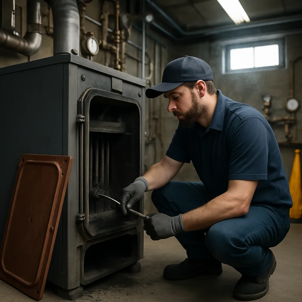 Technician cleaning commercial boiler heat exchanger during Sunnyvale boiler cleaning service
