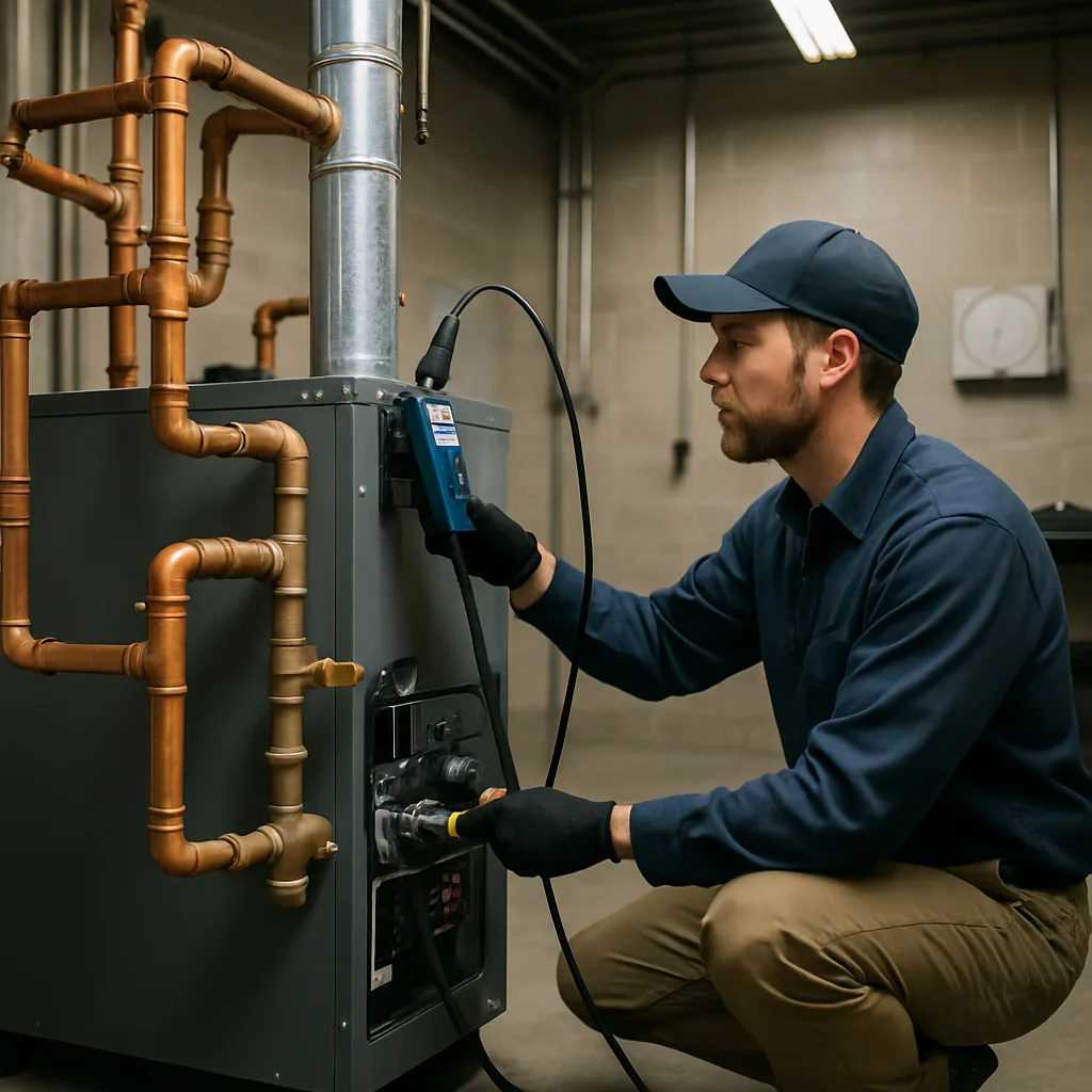 Technician testing boiler combustion during commissioning in Sunnyvale mechanical room