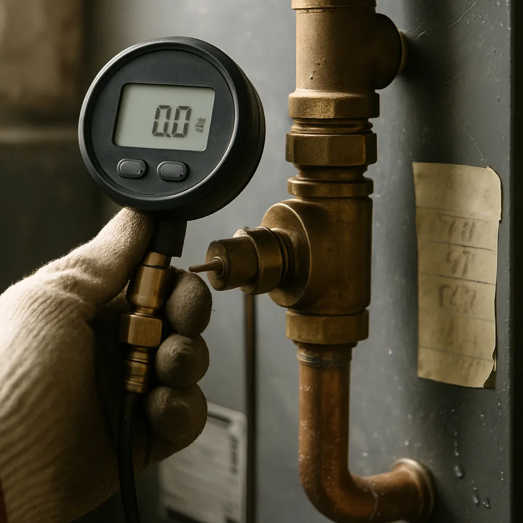 boiler-commissioning-safety-valve-test-detail-sunnyvale Close-up of pressure gauge testing on boiler safety valve during commissioning Sunnyvale