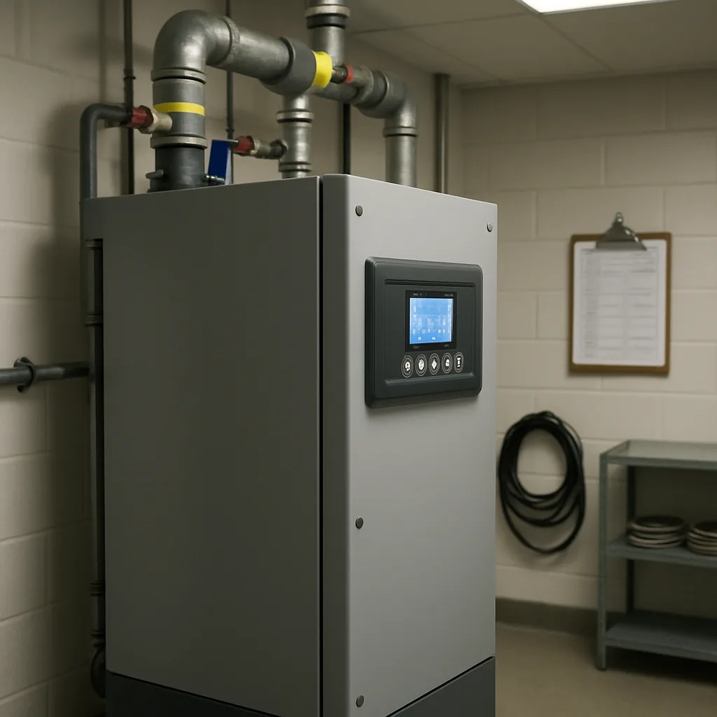 boiler-commissioning-completed-system-result-sunnyvale Commissioned commercial boiler running with labeled piping after Sunnyvale service