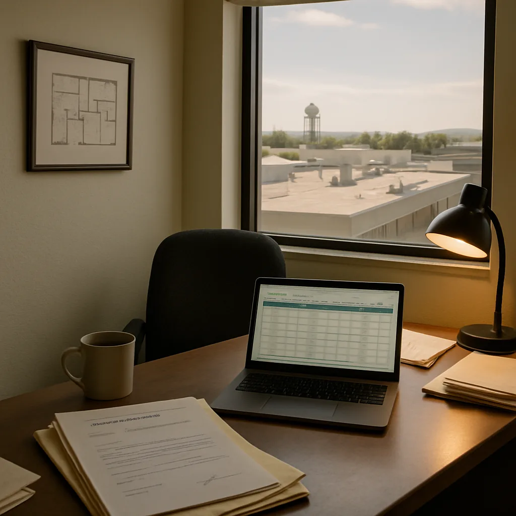 boiler-commissioning-report-property-office-sunnyvale Property manager desk with boiler commissioning report near Sunnyvale office window