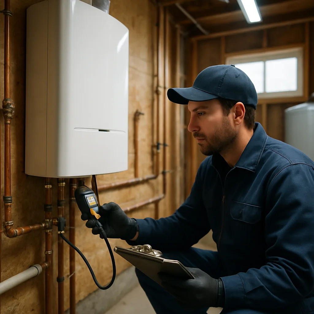 Technician inspecting a home boiler during a Sunnyvale boiler consultation appointment