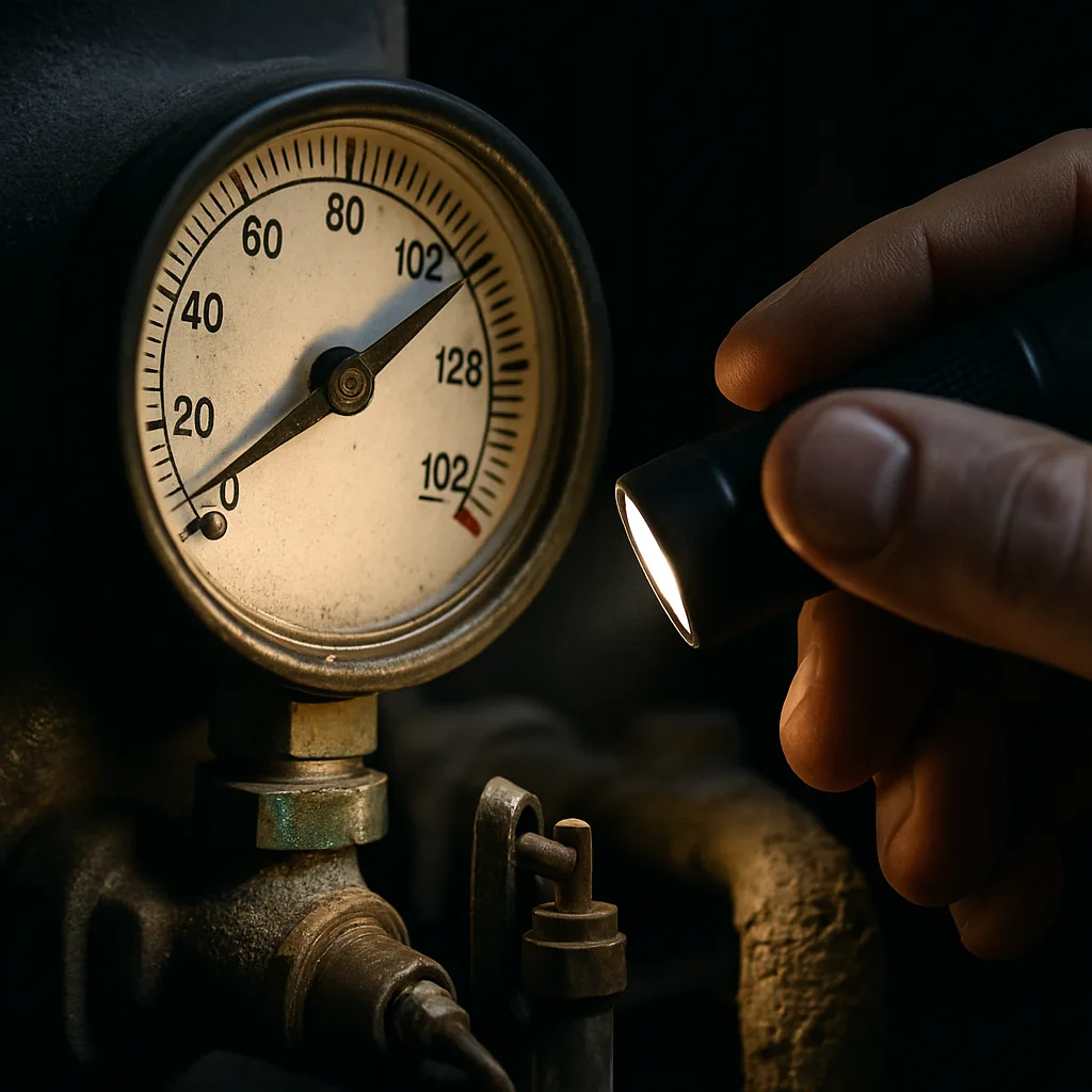 boiler-pressure-gauge-corrosion-detail-sunnyvale Close-up of corroded boiler pressure gauge inspected during Sunnyvale boiler consultation