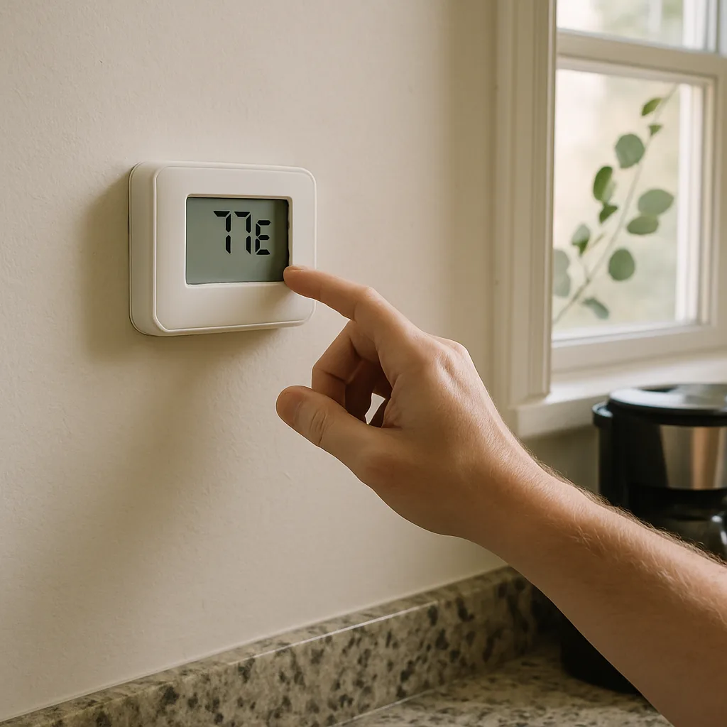 thermostat-uneven-heat-sunnyvale-homeowner Homeowner checking uneven thermostat reading before scheduling Sunnyvale boiler consultation