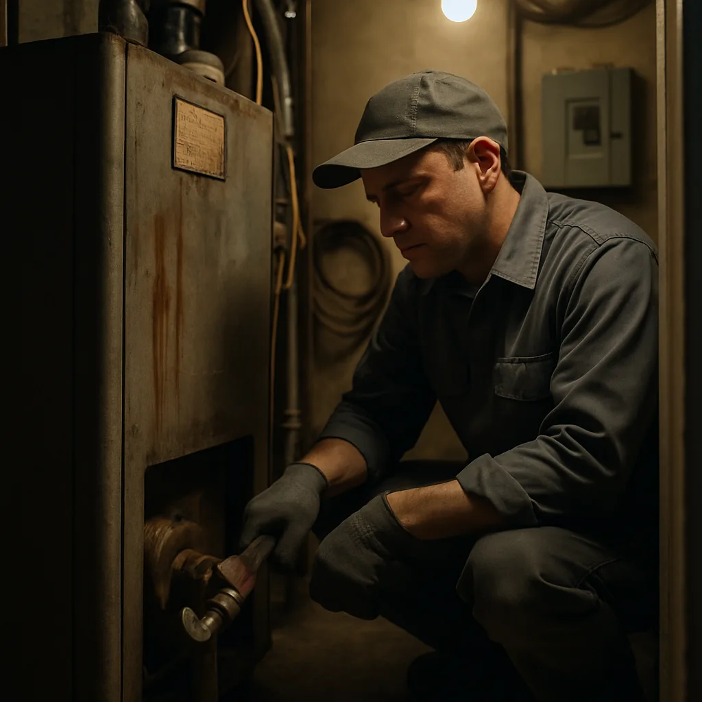 Technician disconnecting old boiler gas line during decommissioning service in Sunnyvale