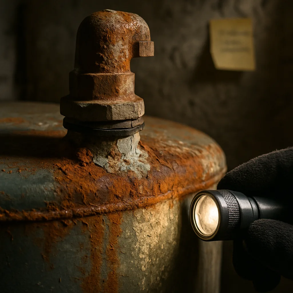 boiler-decommissioning-rust-inspection-sunnyvale Close-up of rusted boiler valve inspected before decommissioning in Sunnyvale home
