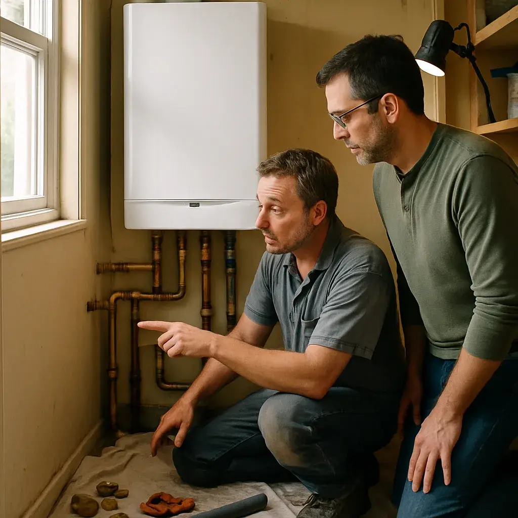 HVAC installer explains boiler installation piping to homeowner in Sunnyvale utility room