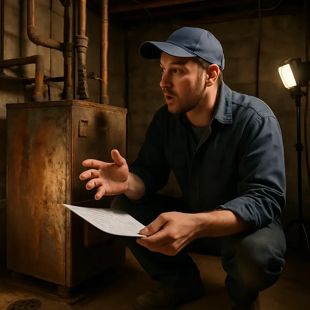 Technician sizing a replacement boiler in a Sunnyvale home basement utility room