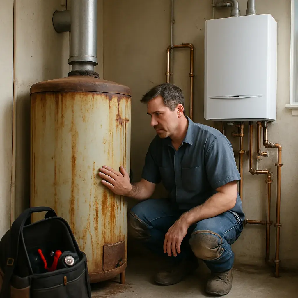 Technician comparing old corroded boiler to new unit during Sunnyvale boiler installation