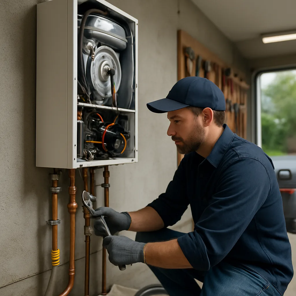 Technician installing a commercial gas boiler in a Sunnyvale mechanical room
