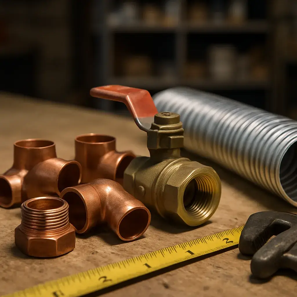 boiler-installation-pipe-fittings-venting-cost-driver Close-up of boiler installation pipe fittings and venting parts on workbench in Sunnyvale