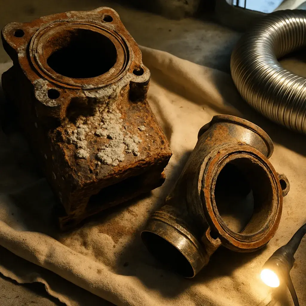Corroded boiler section and old vent pipe found during Sunnyvale boiler replacement
