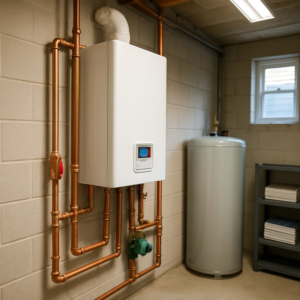 boiler-installation-completed-utility-room-sunnyvale Completed boiler installation in a clean Sunnyvale building utility room