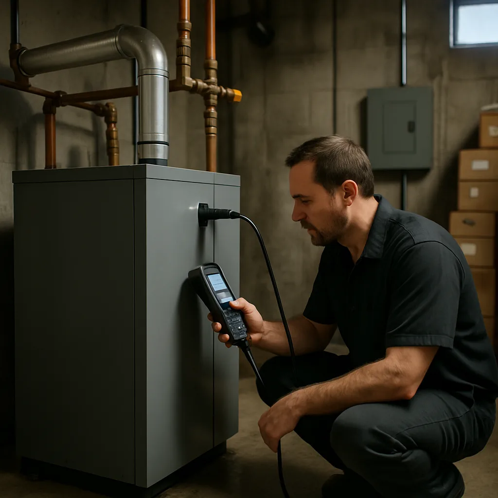 Technician checking commercial boiler with combustion analyzer in Sunnyvale kitchen mechanical room