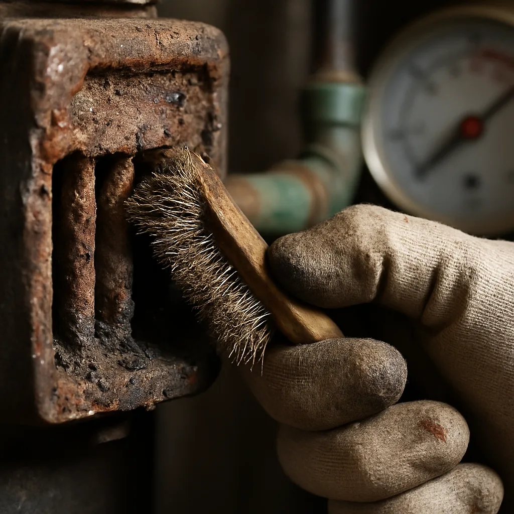 boiler-maintenance-corroded-burner-cleaning-sunnyvale Close-up of hand cleaning corroded boiler burner during Sunnyvale boiler maintenance visit