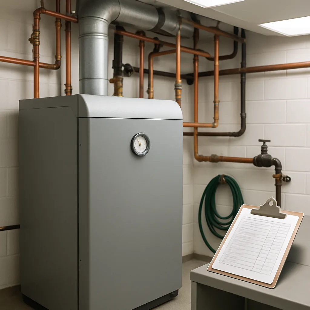 boiler-maintenance-completed-service-pressure-gauge-sunnyvale Serviced commercial boiler with gauge in green zone after Sunnyvale maintenance completion