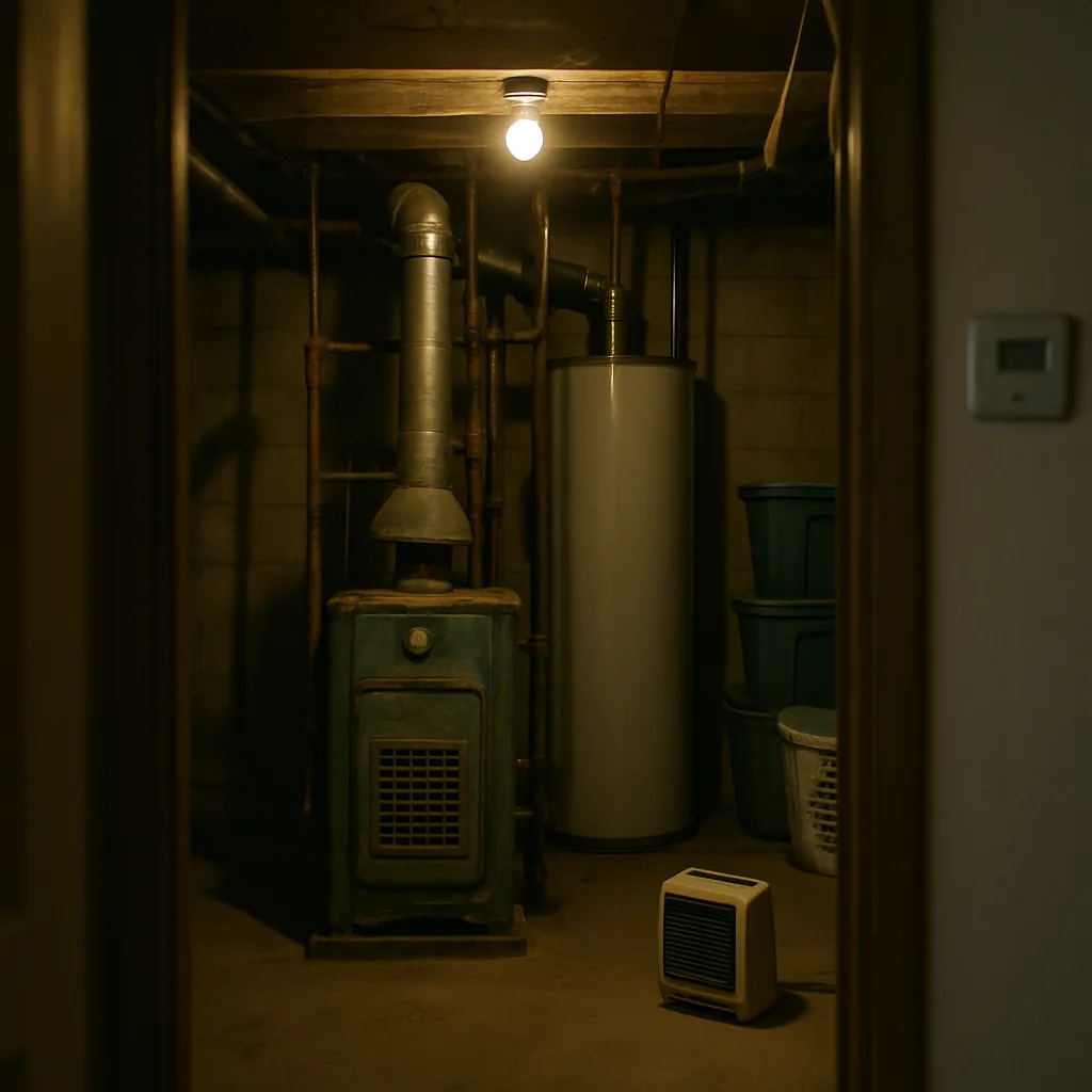 boiler-maintenance-home-basement-winter-prep-sunnyvale Homeowner viewing aging basement boiler needing maintenance before Sunnyvale winter