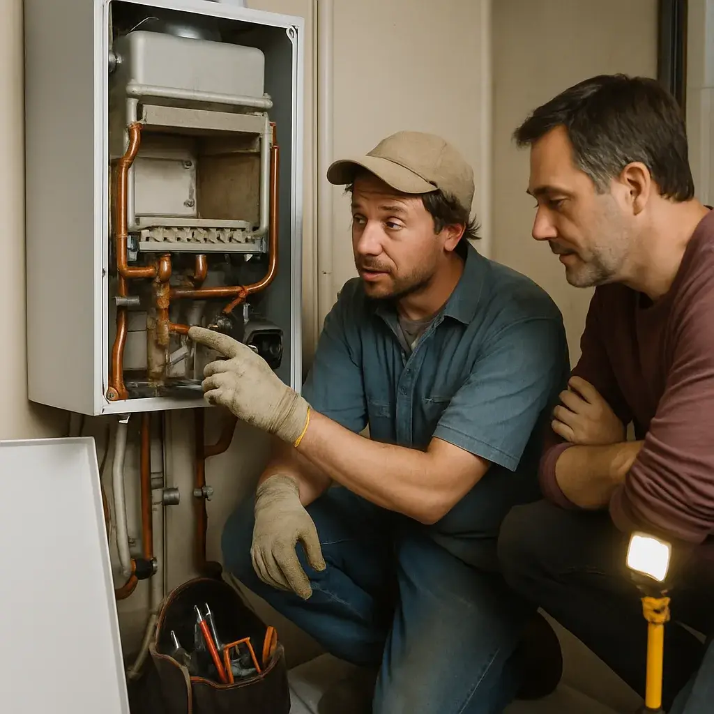 Technician explaining boiler repair cost factors to homeowner in Sunnyvale garage