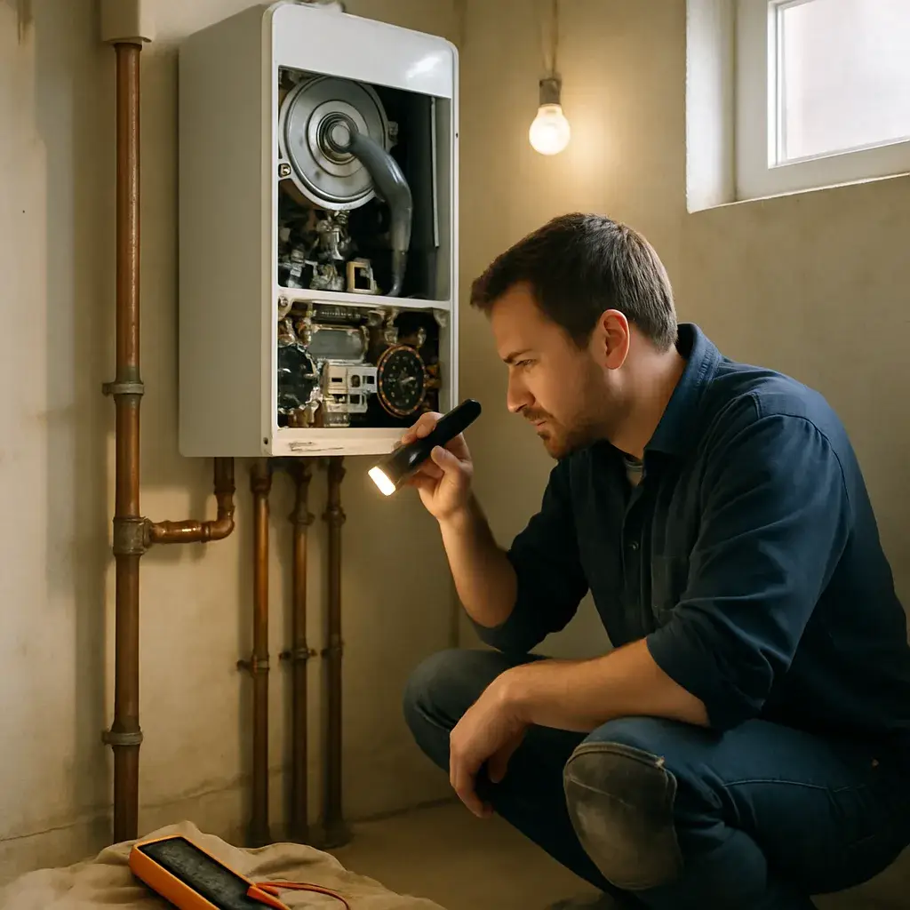 Technician diagnosing boiler ignition components during Sunnyvale boiler repair call