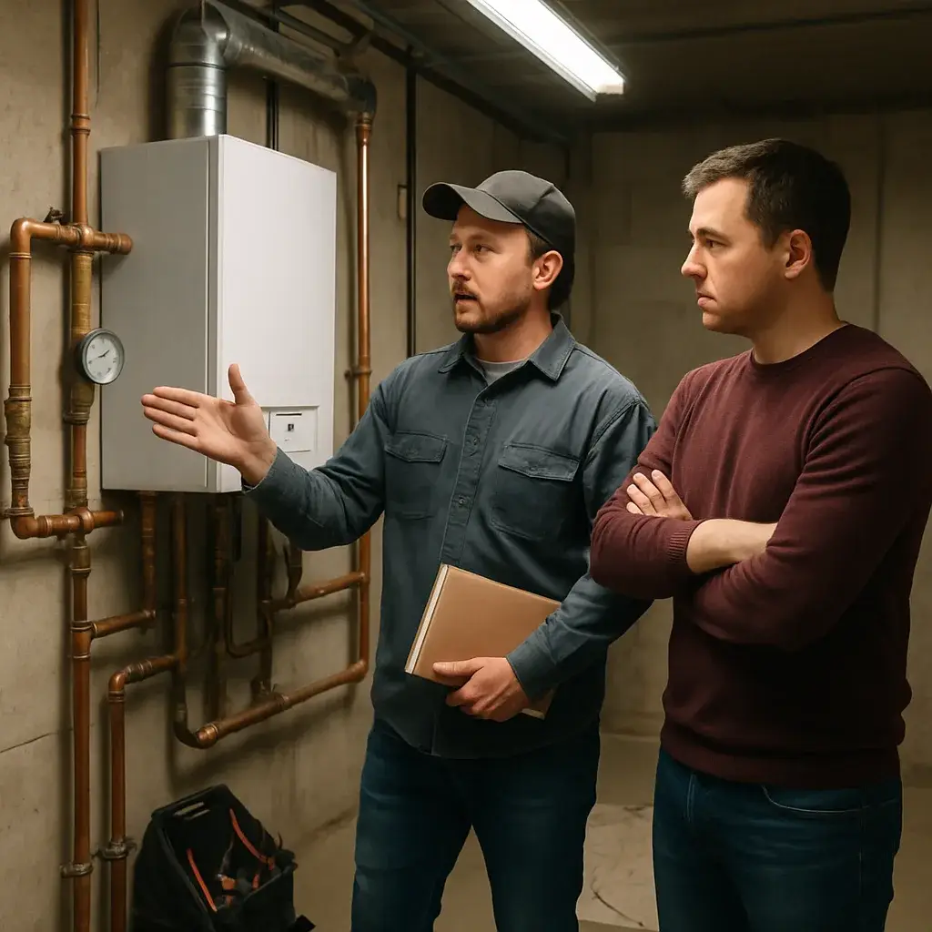 Boiler technician and homeowner discuss boiler repair scope in Sunnyvale home
