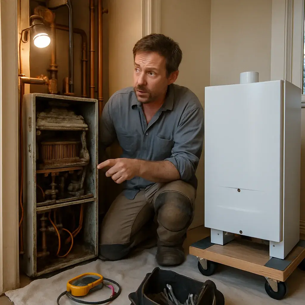 Technician comparing old and new boiler units during Sunnyvale repair assessment