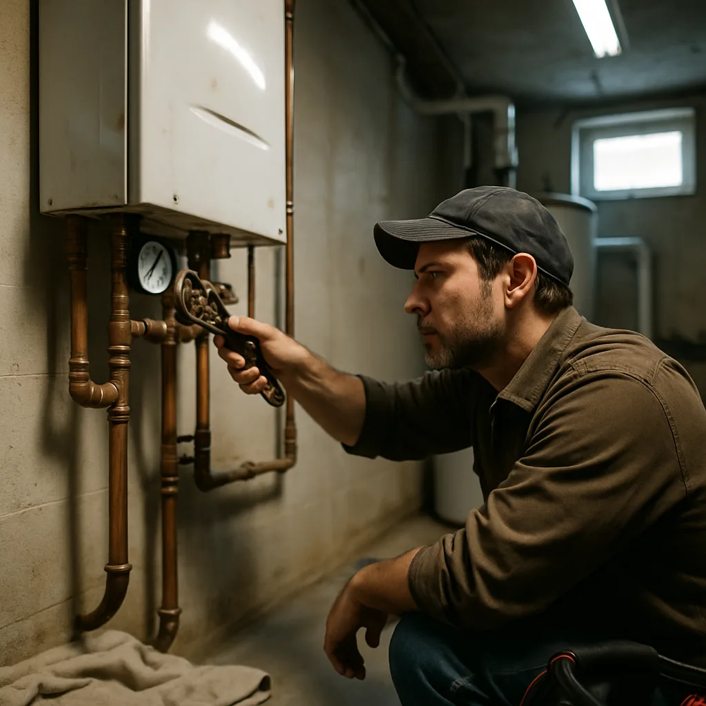 Technician repairing a commercial boiler pressure valve in a Sunnyvale mechanical room