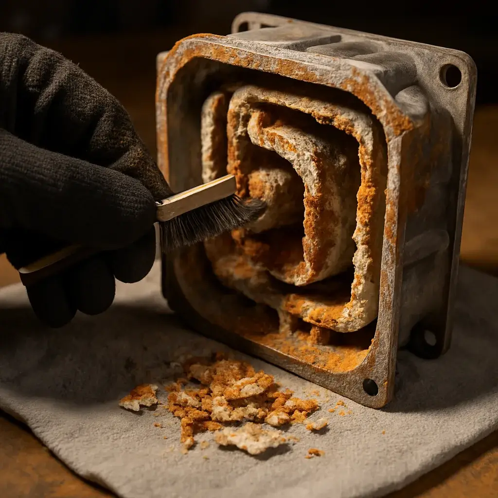 Close-up of mineral buildup inside boiler heat exchanger causing kettling noise