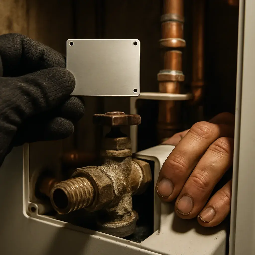 Technician inspects corroded boiler valve before starting Sunnyvale repair work