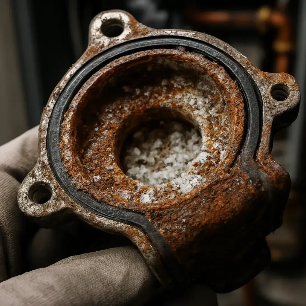 boiler-repair-corroded-circulator-pump-failed-part-closeup Corroded boiler circulator pump part removed during Sunnyvale repair diagnosis