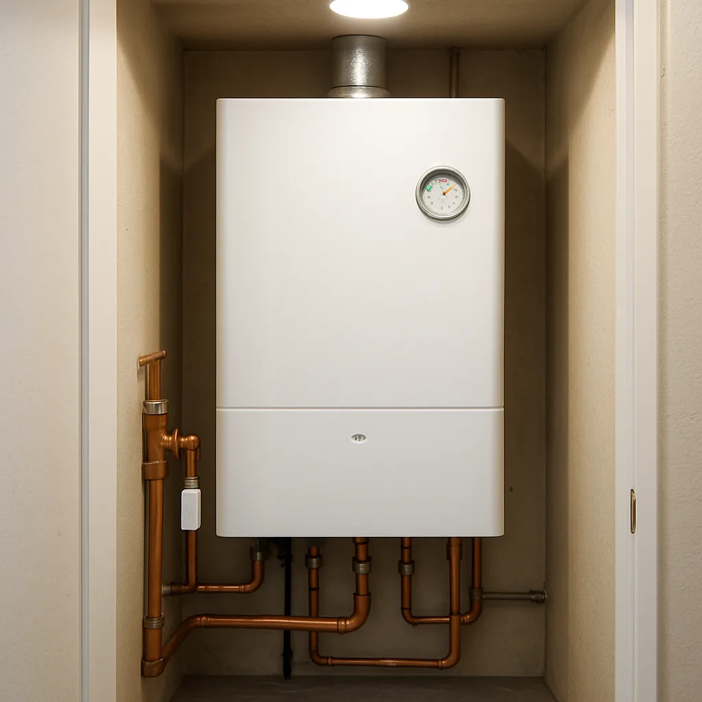 boiler-repair-completed-pressure-gauge-sunnyvale Repaired boiler with normal pressure gauge reading after Sunnyvale service visit