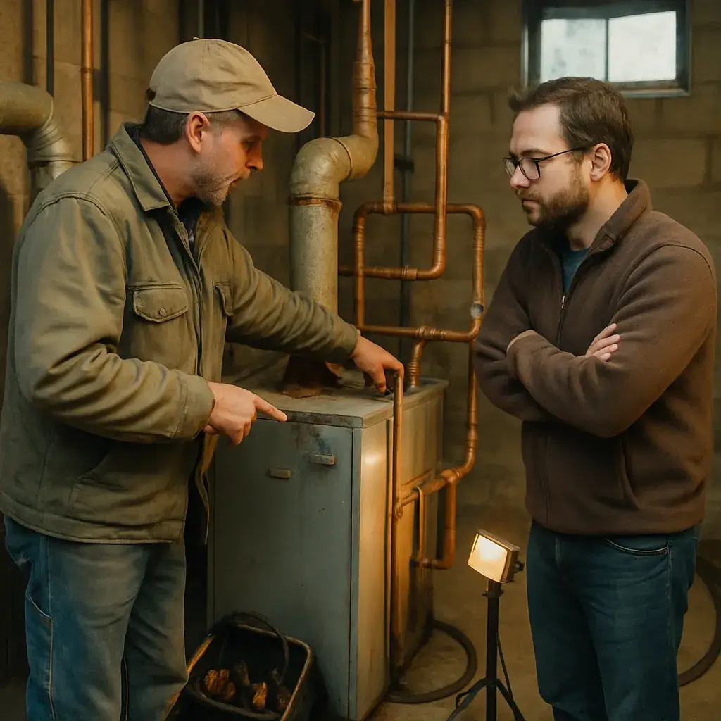Technician explaining boiler replacement cost factors to homeowner in Sunnyvale home
