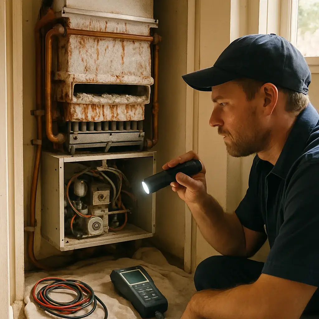 Technician inspects aging boiler with flashlight during Sunnyvale replacement evaluation