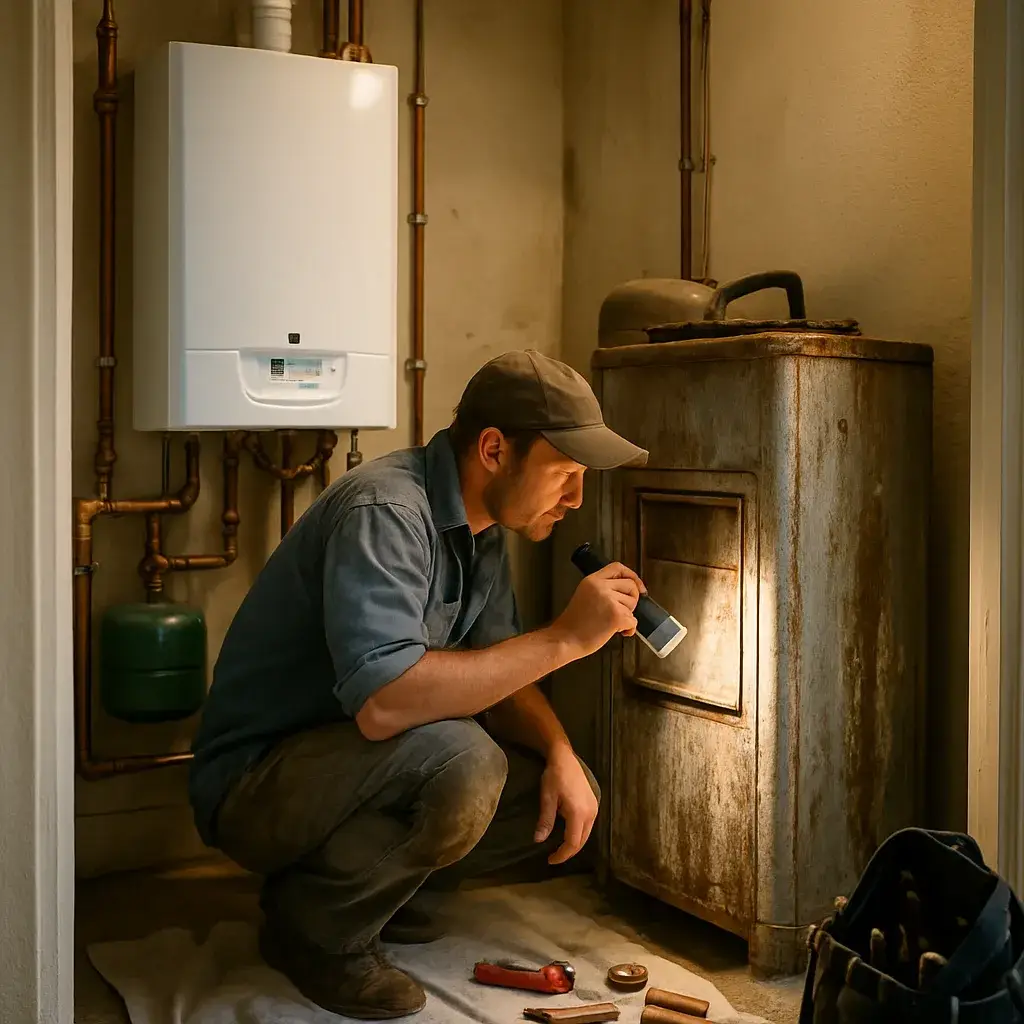 Technician comparing old and new boiler during Sunnyvale boiler replacement assessment