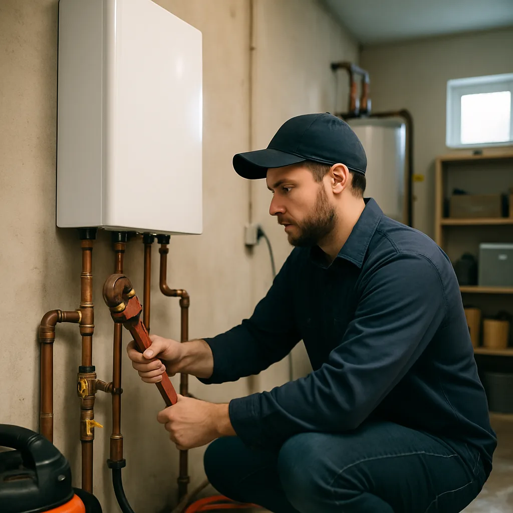 HVAC technician installing a new commercial boiler in a Sunnyvale mechanical room