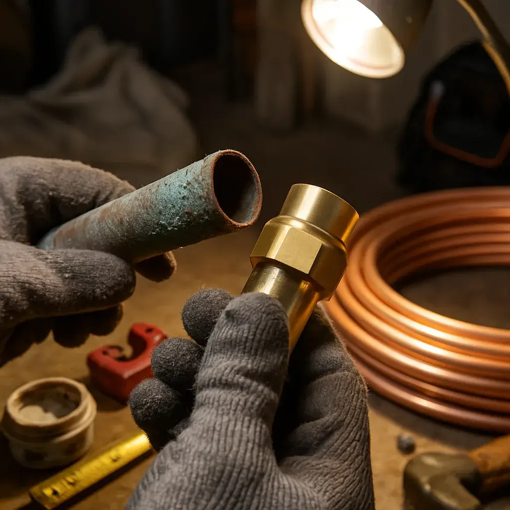 boiler-replacement-old-corroded-pipe-new-fitting-comparison Corroded pipe compared to new copper fitting during boiler replacement in Sunnyvale