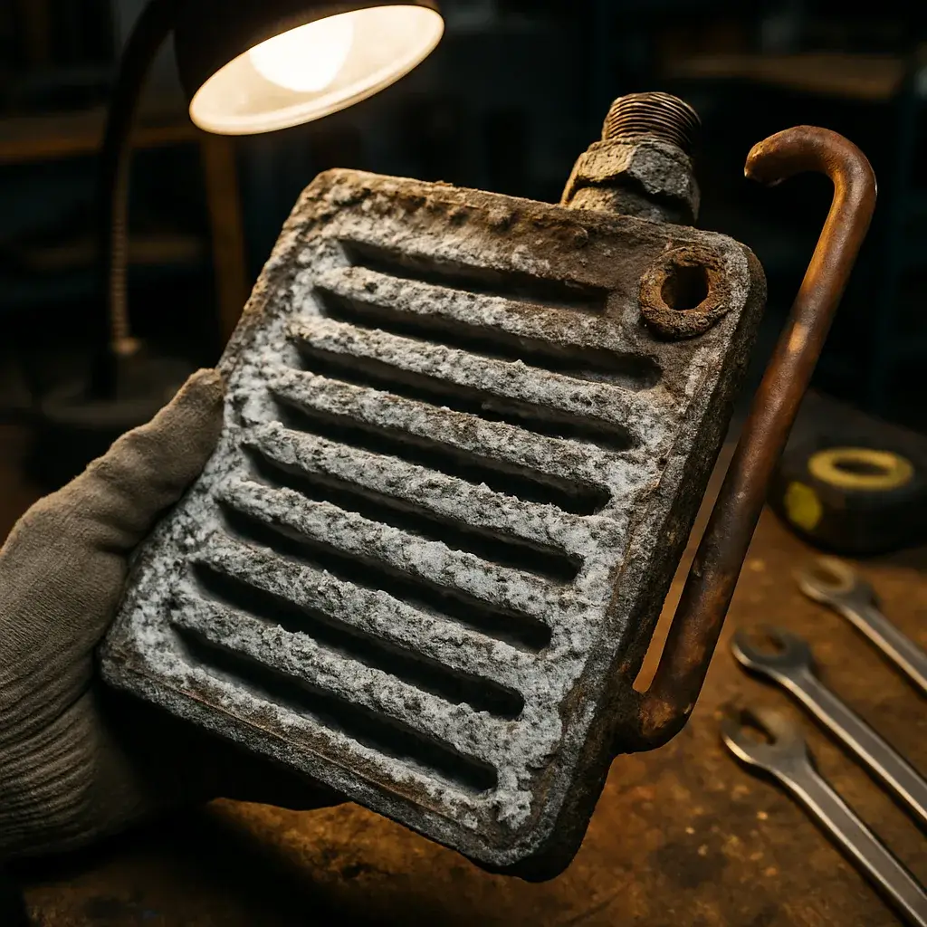 boiler-replacement-mineral-scale-heat-exchanger-wear Corroded boiler heat exchanger showing mineral scale from replacement diagnosis