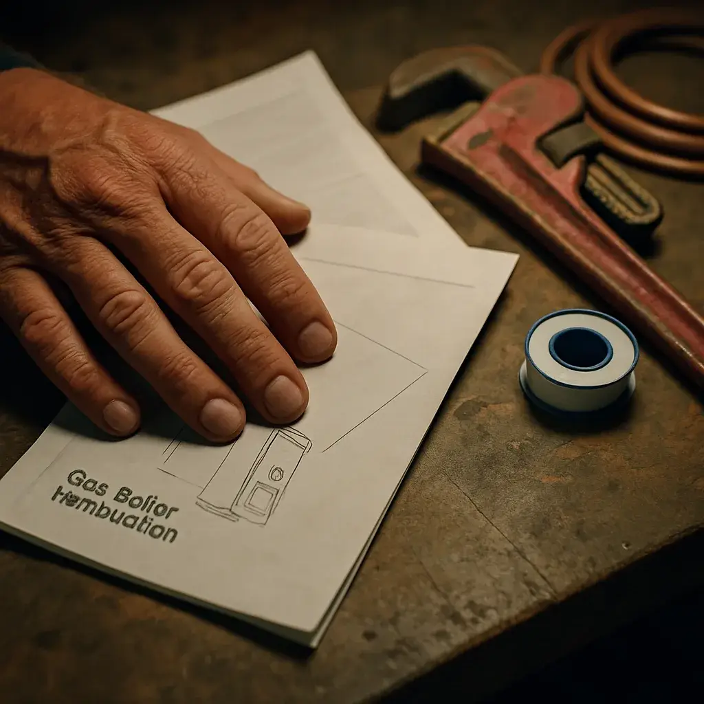 boiler-replacement-permit-paperwork-workbench-detail Boiler installation paperwork and tools on workbench show permit and code compliance process