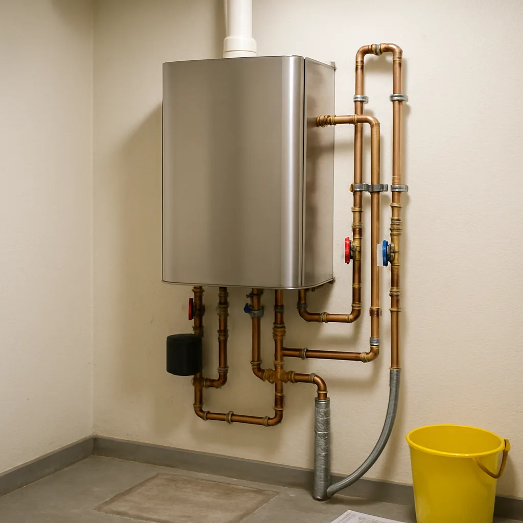 boiler-replacement-completed-installation-sunnyvale Newly installed boiler system with clean piping in a Sunnyvale mechanical room