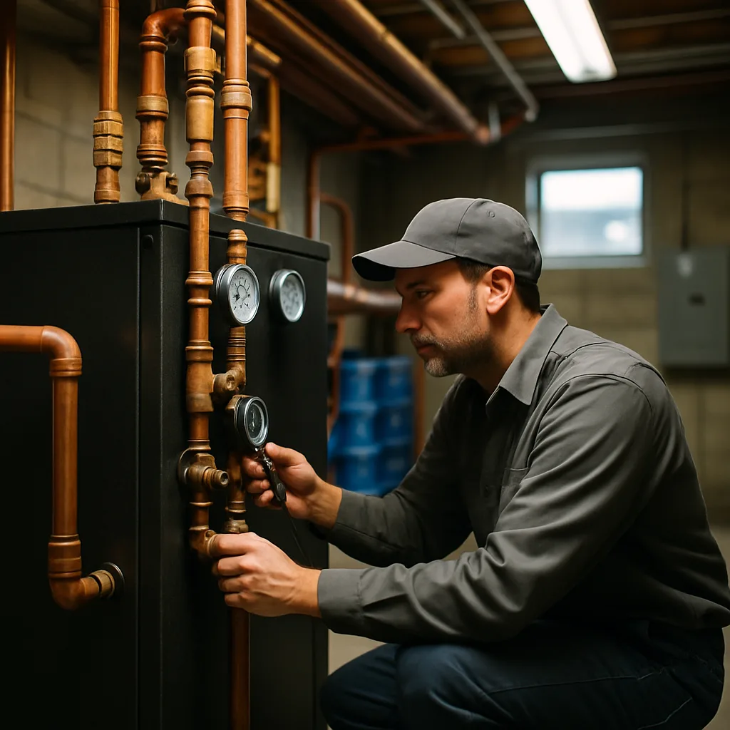 Technician inspecting commercial boiler pressure gauge in Sunnyvale apartment mechanical room