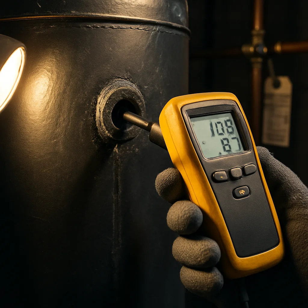 Combustion analyzer probe testing boiler flue during Sunnyvale safety inspection