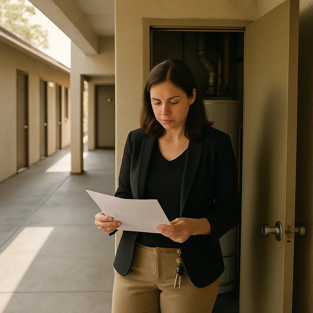 Property manager reviewing boiler inspection report at Sunnyvale apartment complex