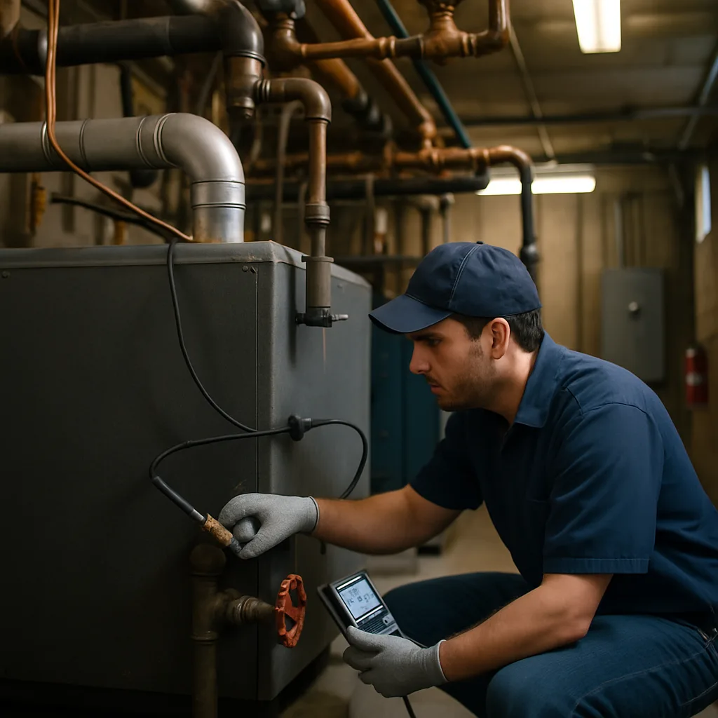 Technician servicing commercial boiler system valve in Sunnyvale mechanical room