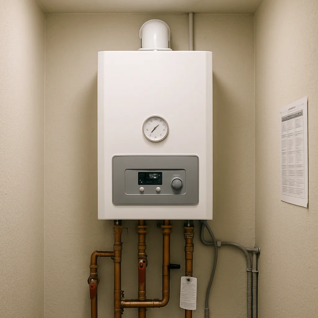 boiler-servicing-completed-control-panel-sunnyvale Serviced boiler control panel with normal pressure gauge in Sunnyvale building