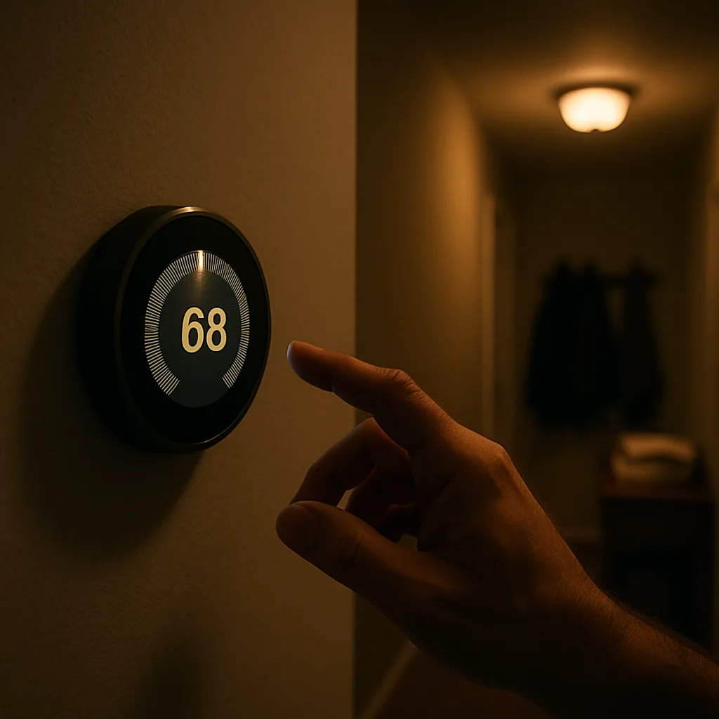 boiler-servicing-homeowner-thermostat-check-sunnyvale Homeowner checking thermostat for uneven heat from boiler in Sunnyvale house